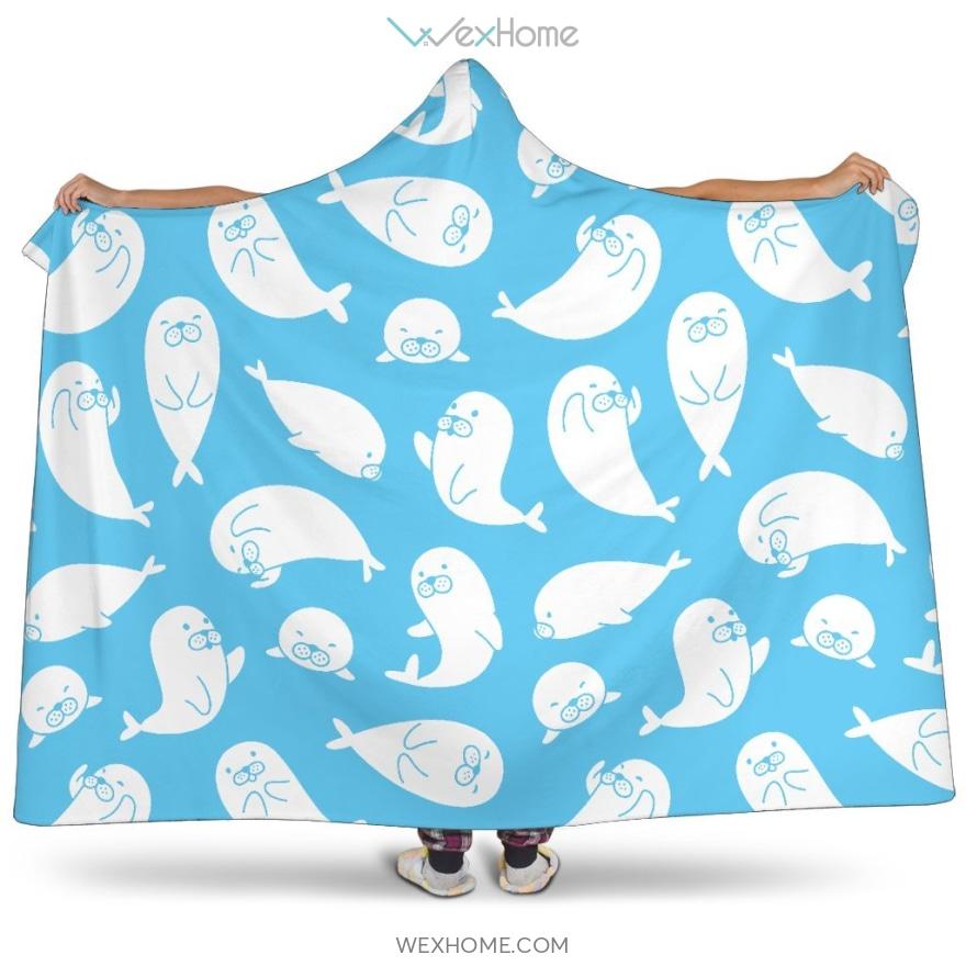 Cute White Sea Lion Seals Pattern Hooded Blanket