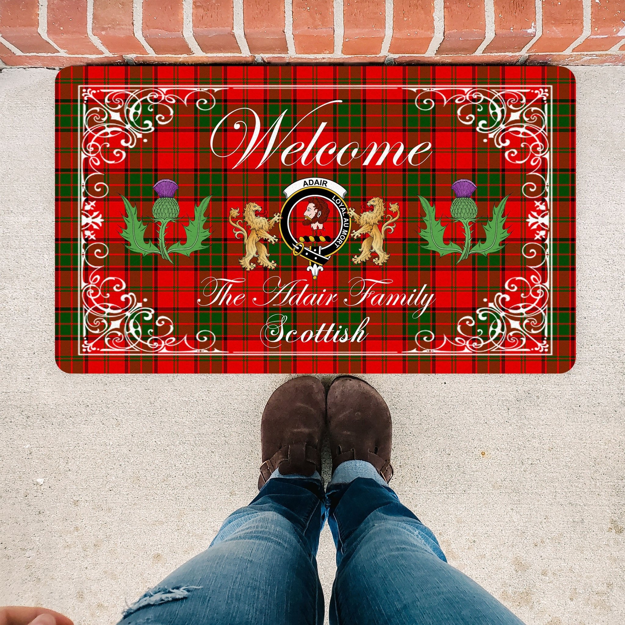 Scotstee Shop Tartan Door Mats Clan Adair Badge Tartan Thistle And Two Lion Scottish Plaid Doormat, Christmas Door Mat Gift