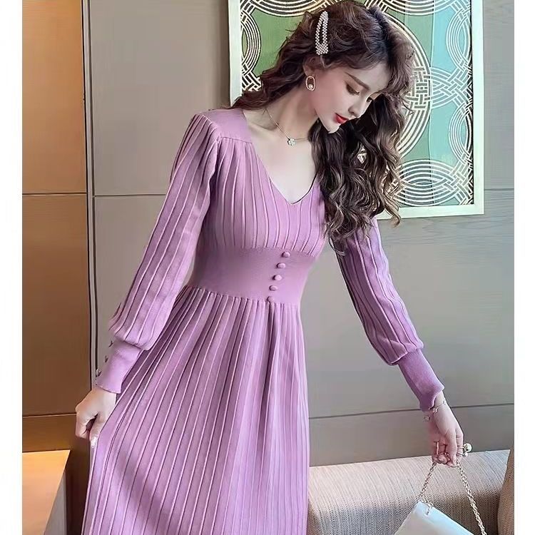 2021 Winter Dress Women V Neck Long Sleeve Pleated Long Knitting Dresses Elegant Fashion Lady Solid Color Autumn Sweater Gowns alx