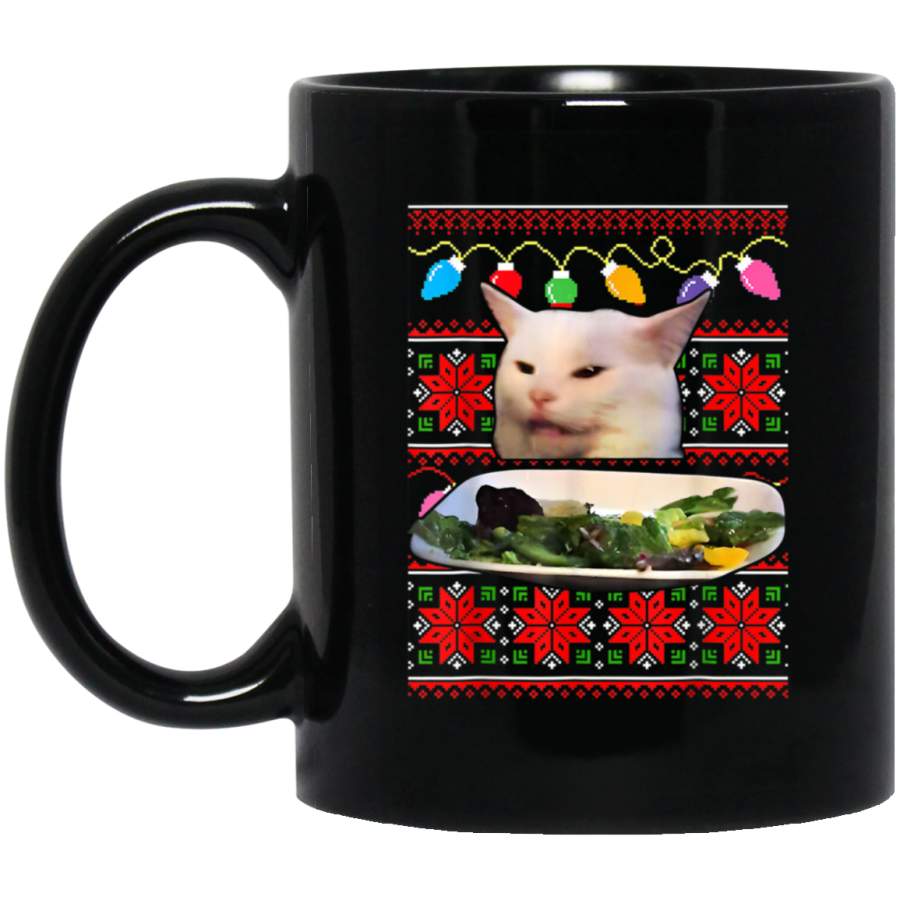 Woman Yelling at a Cat Ugly Christmas Sweater Meme Design Black Mug