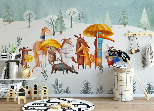 3D Cartoon Snow Forest Animal Wall Mural Wallpaper Lqh 282