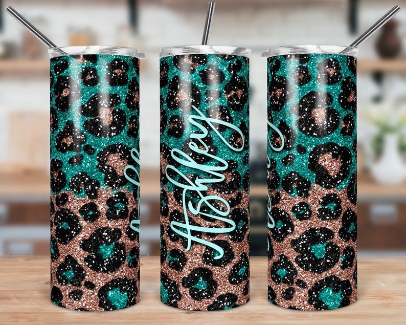 Personalized Turquoise And Rose Gold Glitter Leopard Print YQ2204435CL Skinny Tumbler