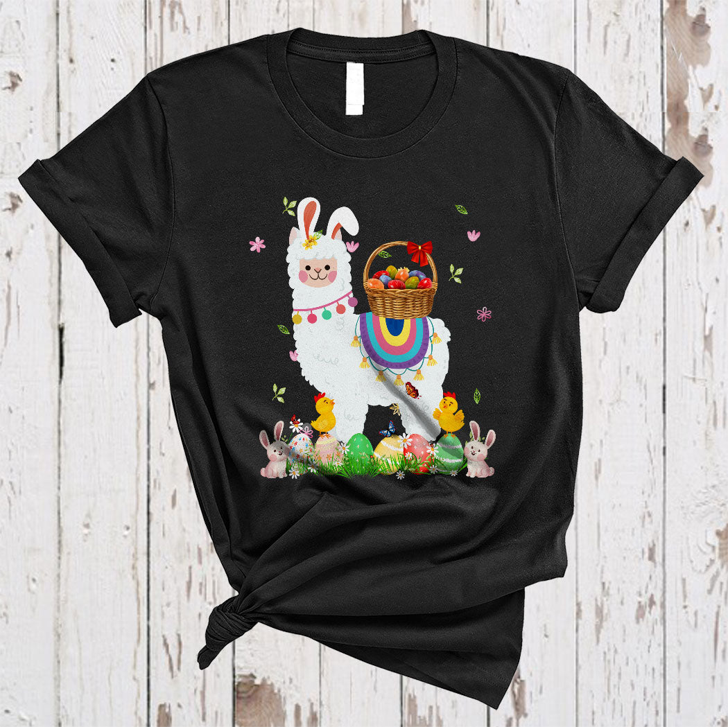 Bunny Llama Bringing Easter Eggs Basket Cute Easter Egg Hunting Flower Llama Lover Gifts T-Shirt