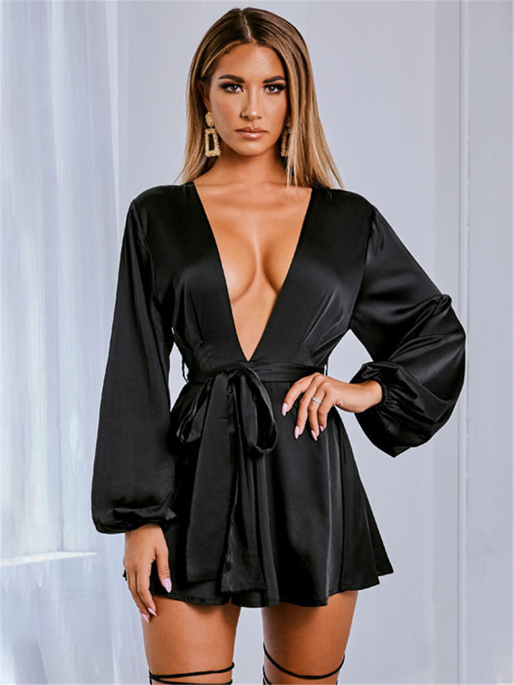 Articat Women V-Neck Satin Dress With Belt Long Sleeve Backless Homewear Dress Bodycon Ladies Elegant Party Vestidos Summer New alx