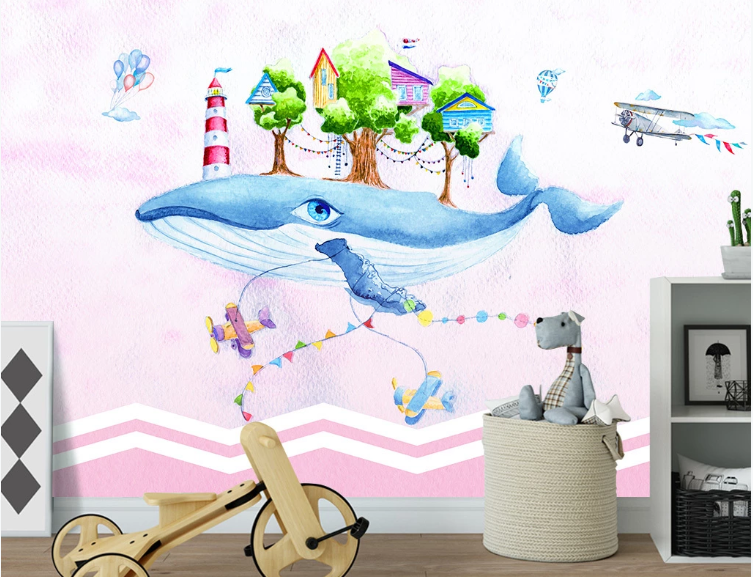 3D Shark House Trees Lighthouse Aircraft Wall Mural Wallpaper C223