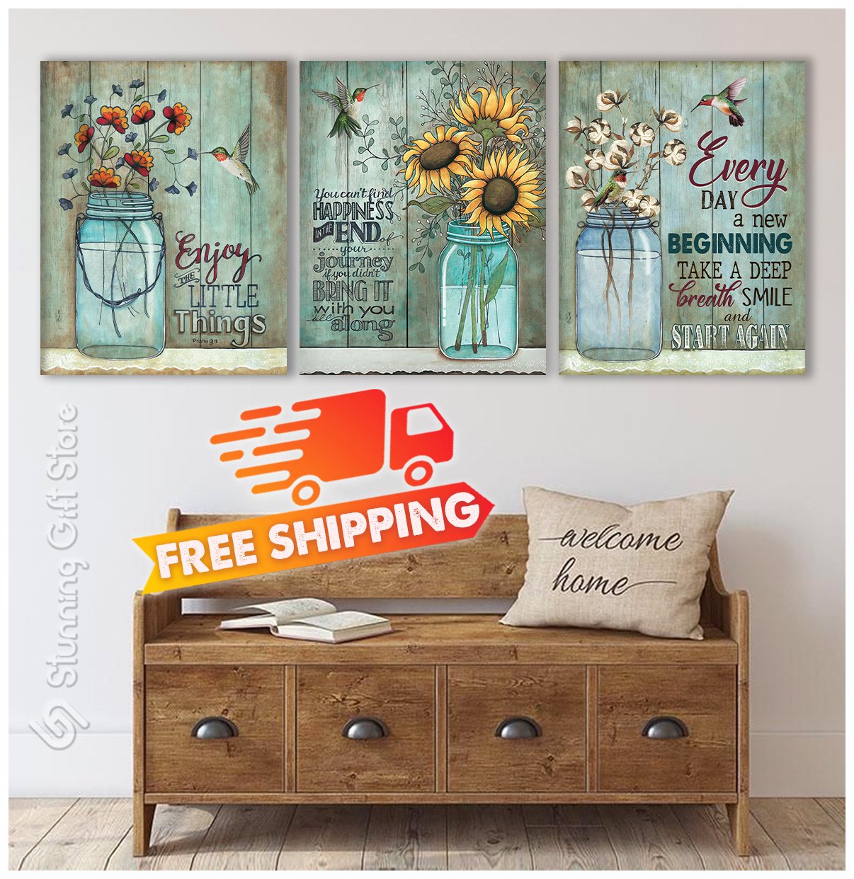 Stunning Gift Flower Vases Canvas Combo Multi-Panel – Enjoy The Little Things, Bring It With You