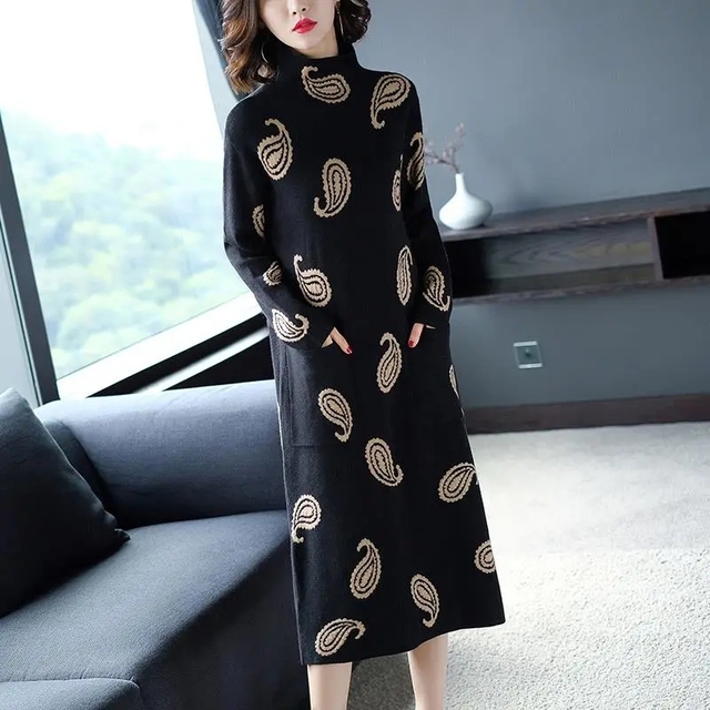 Autumn/Winter High End Wool Knit Jacquard Dress Women’s Party Dress Casual Skirt Long Sleeve Baggy Pocket Knee-Length Dress alx