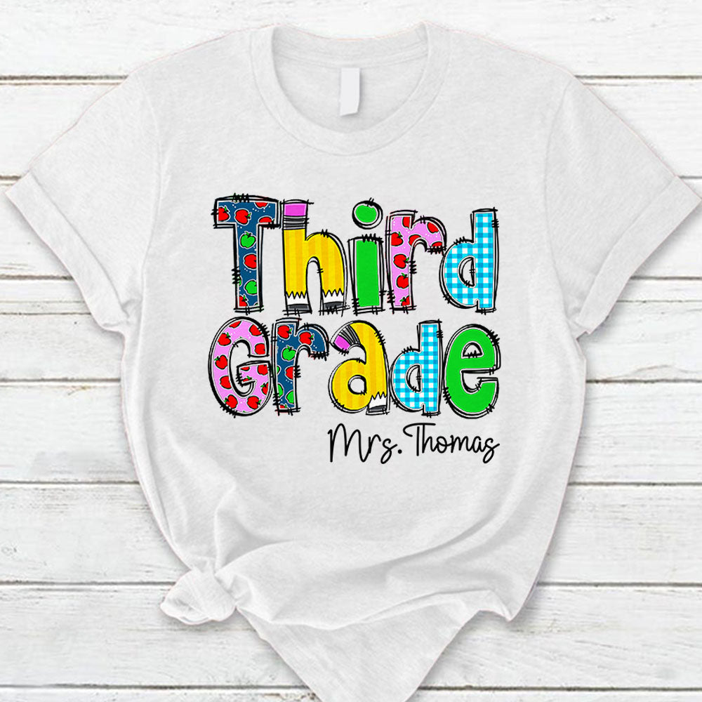 Personalized Third Grade Level And Title Shirt Cute Apple Pattern For Teacher Hk10 Trhn