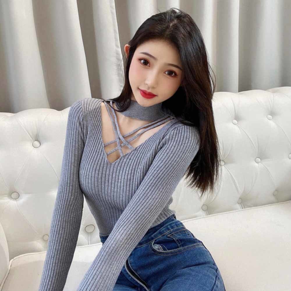 Y2k Fall Sweater Sexy Halter Hollow Out Rib Knit Cute Top Long Sleeve Korean Fashion Vintage Sweater Pullover Women 2022 alx