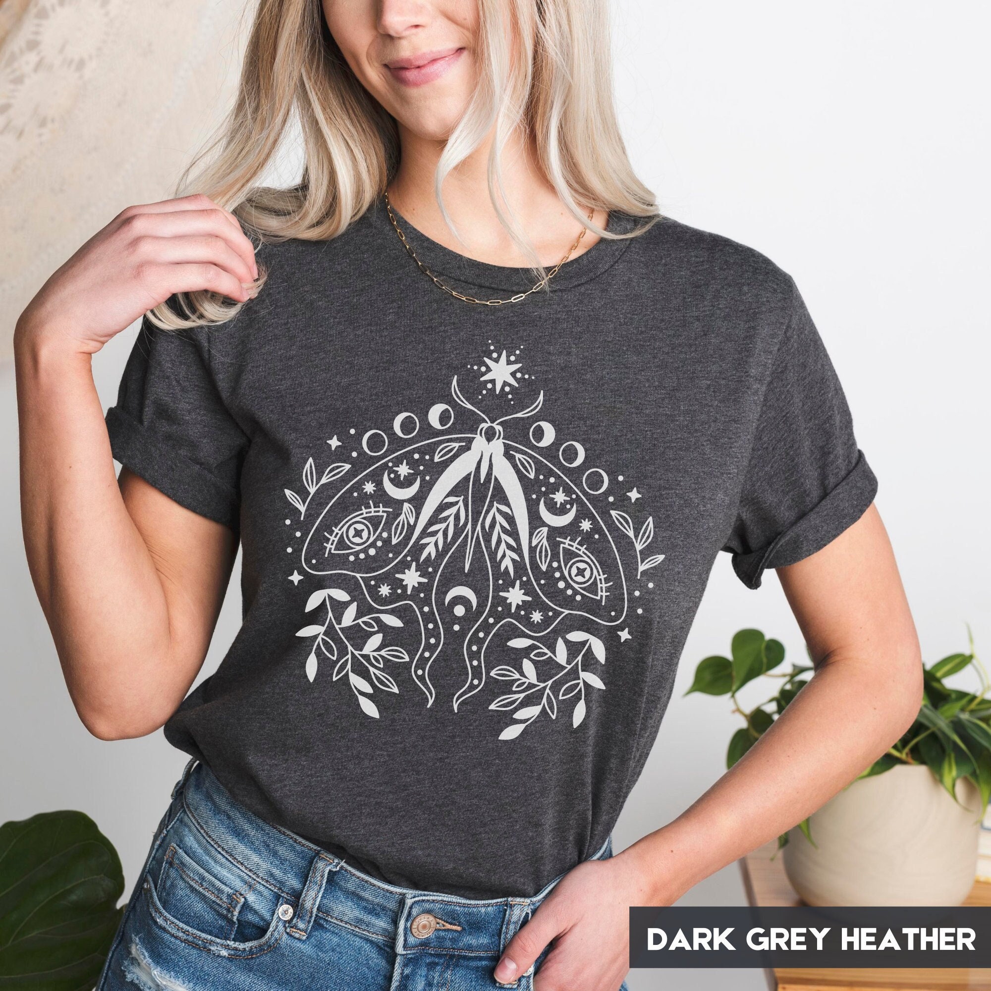 Folk Style Mystical Moth Moon Phases Tshirt | Celestial Luna,Butterfly Tee | Retro/Vintage Boho, Cottagecore Clothing | Magical Witchy Shirt