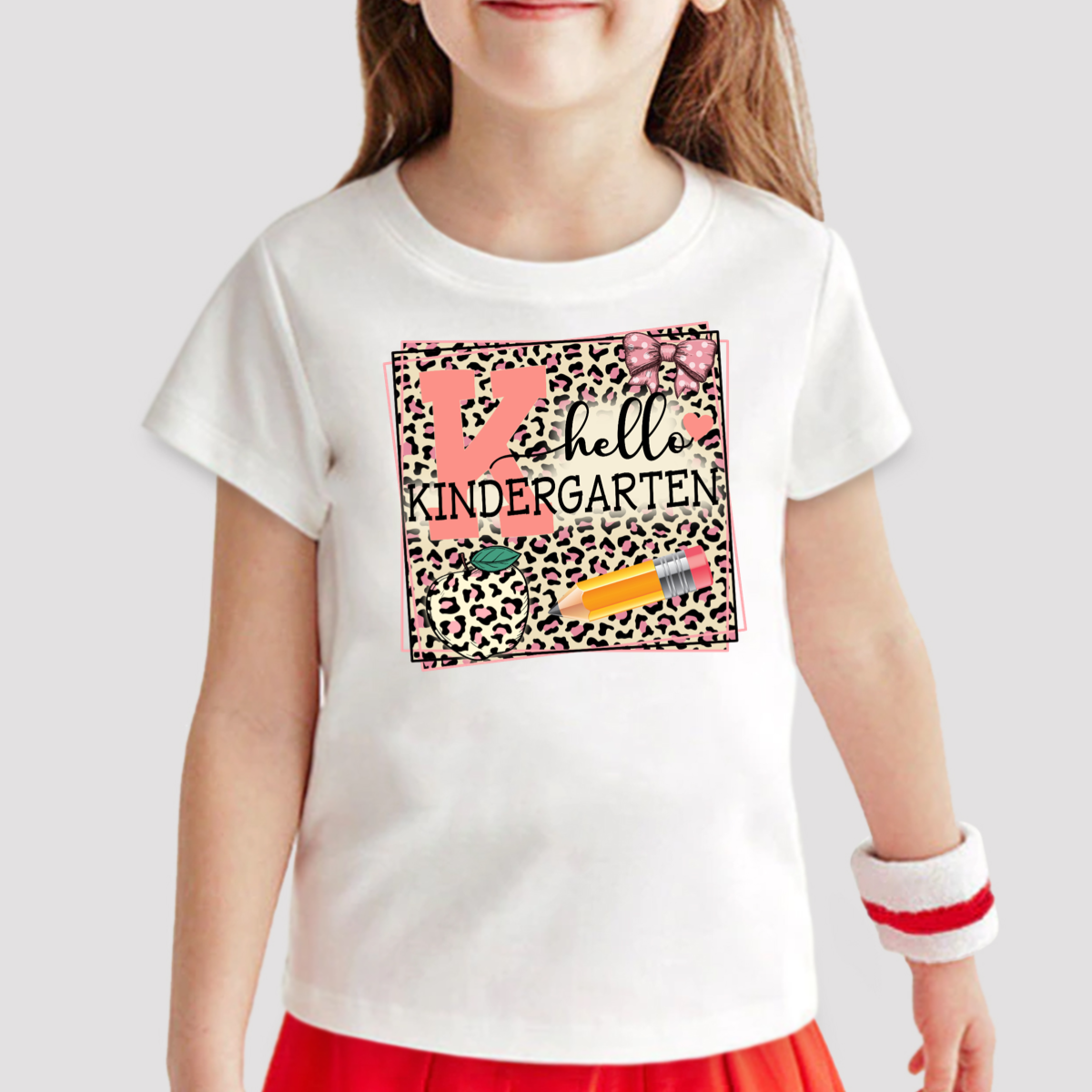 Personalized T-Shirt For Kids Hello Kindergarten Pencil Apple Leopard Design Custom Grade Level Back To School Outfit