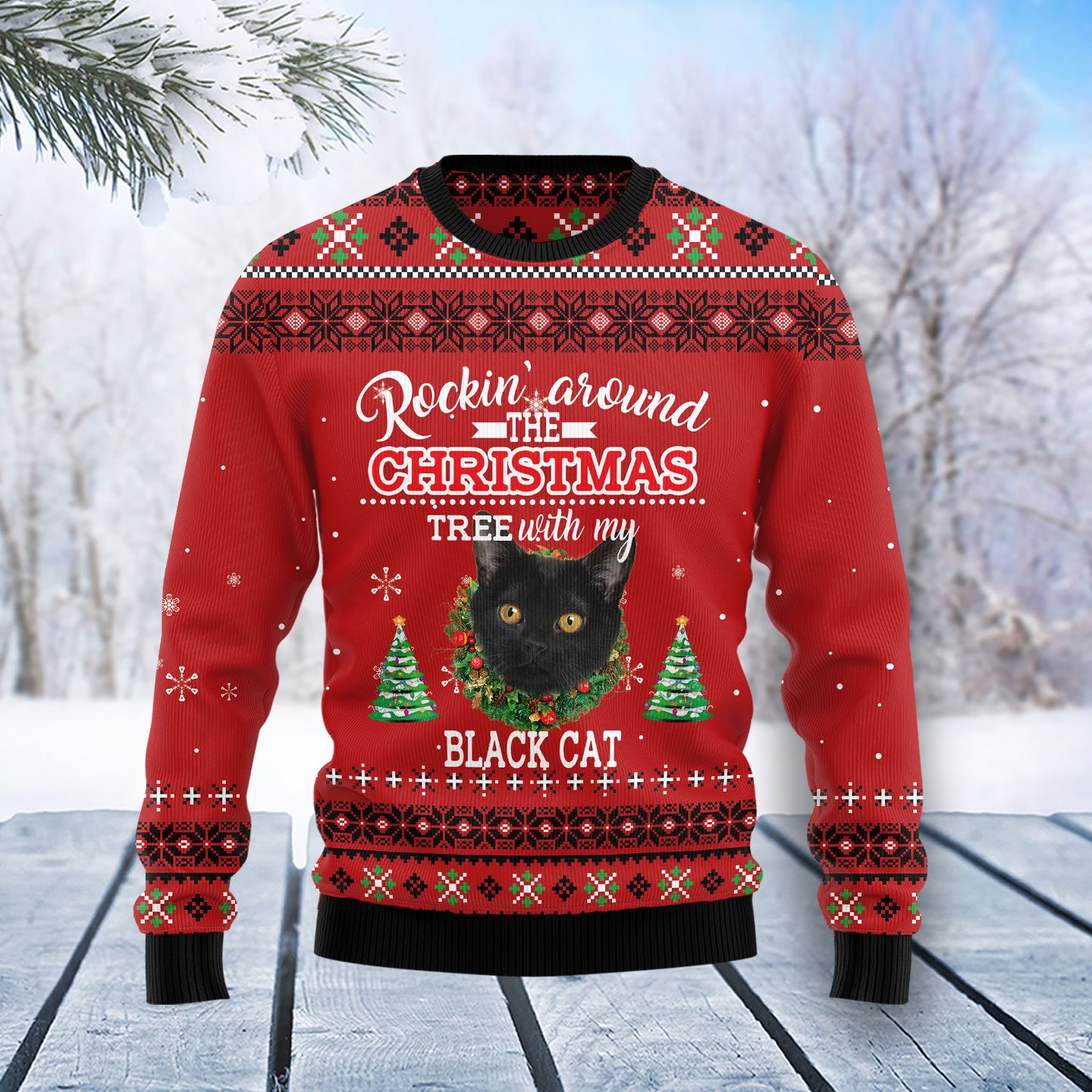 Black Cat Rockin’ TY0712 unisex womens & mens, couples matching, friends, funny family ugly christmas holiday sweater gifts (plus size available)