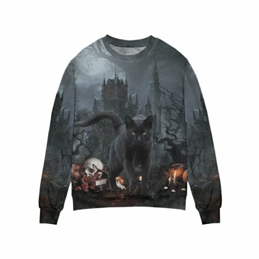 Black Cat In Spooky Halloween All Over Print Sweater For Men & Women, Vampire Castle Full Print Sweater Shirt