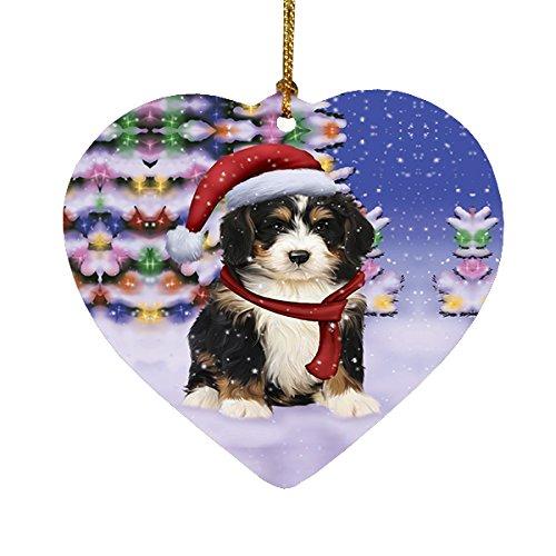 Winterland Wonderland Bernedoodle Puppy Dog In Christmas Holiday Scenic Background Heart Ornament