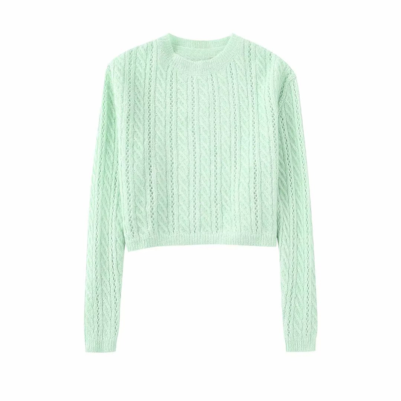 Winter 2022 Women Eight Strand Knitted Sweater O Neck Vintage Long Sleeve Pullover Tops Chic Ladies Green Casual Cropped Sweater alx