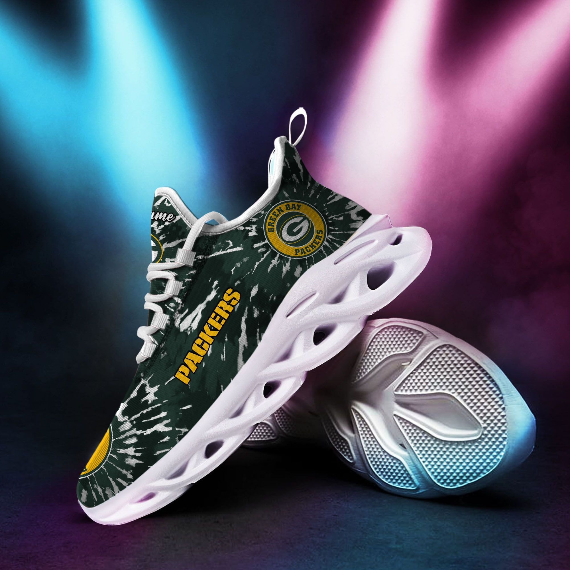 Green Bay Packers Custom Name Tie Dye Max Soul Sneaker Shoes For Fans