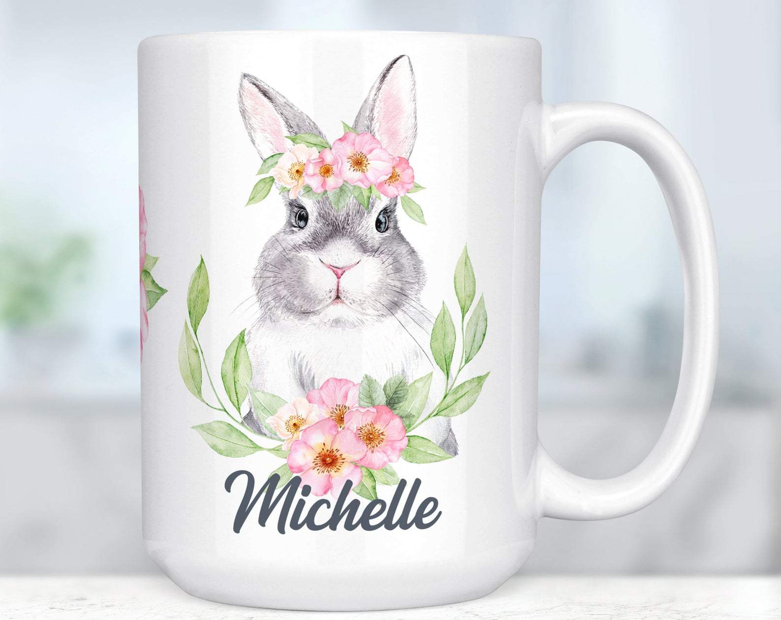 Pesonalized Name Easter Bunny With Pink Flowers Easter Ized With Pretty Spring Gift Mug White Ceramic 11-15Oz Coffee Tea Cup