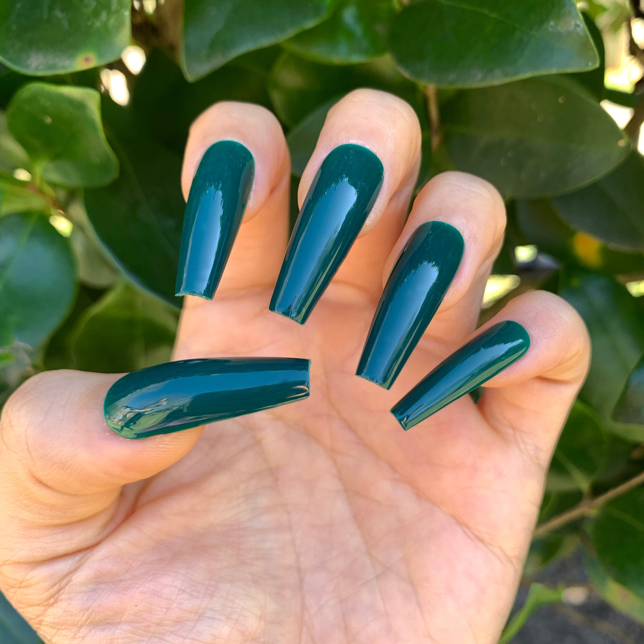 Pine Green Long Coffin Press on Nails | Shiny Gloss or Matte Finish | 20 PCS False Nails | Solid Color | Fake nails| Glue on nails