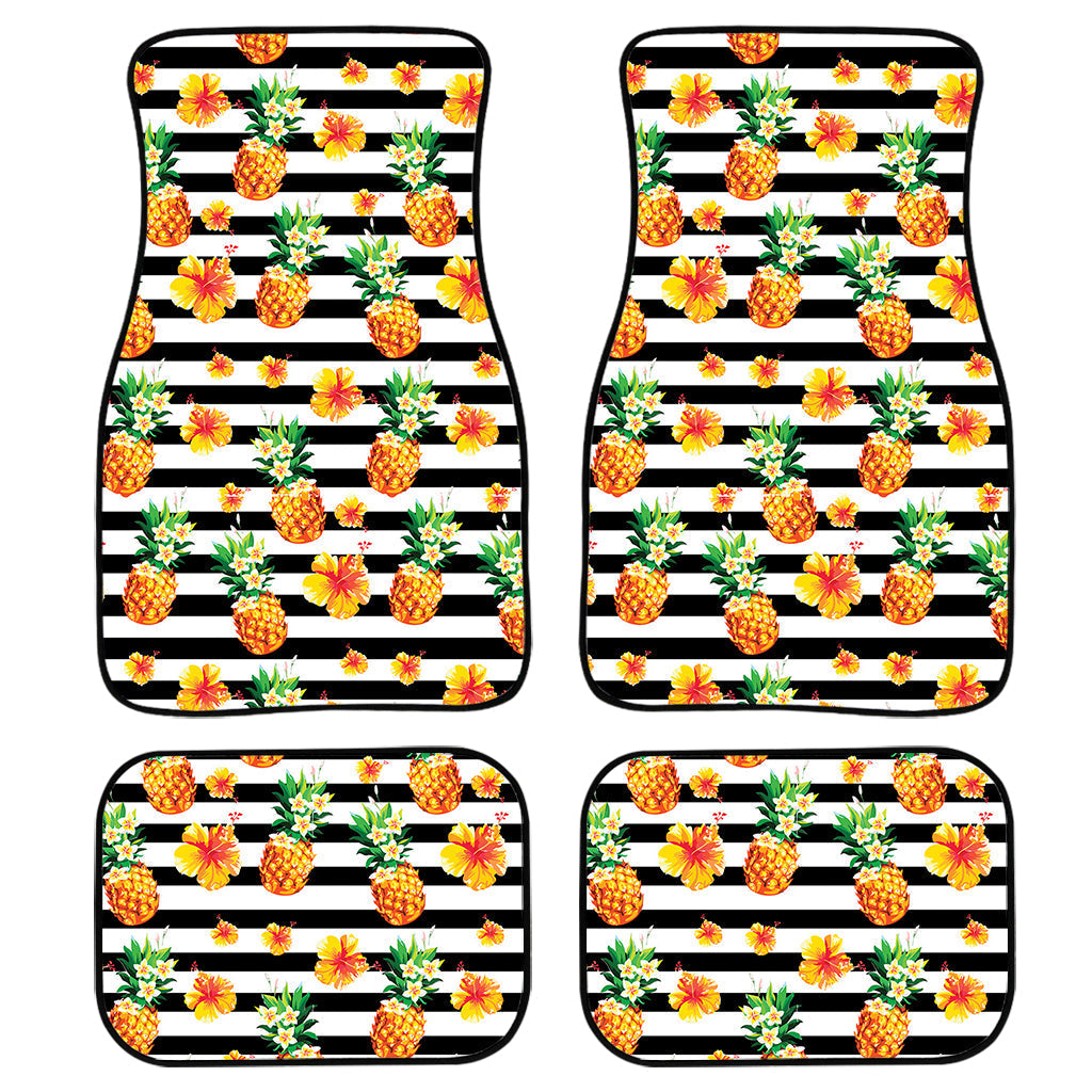 Pineapple And Hibiscus Striped Print Front And Back Car Floor Mats, Front Car Mat