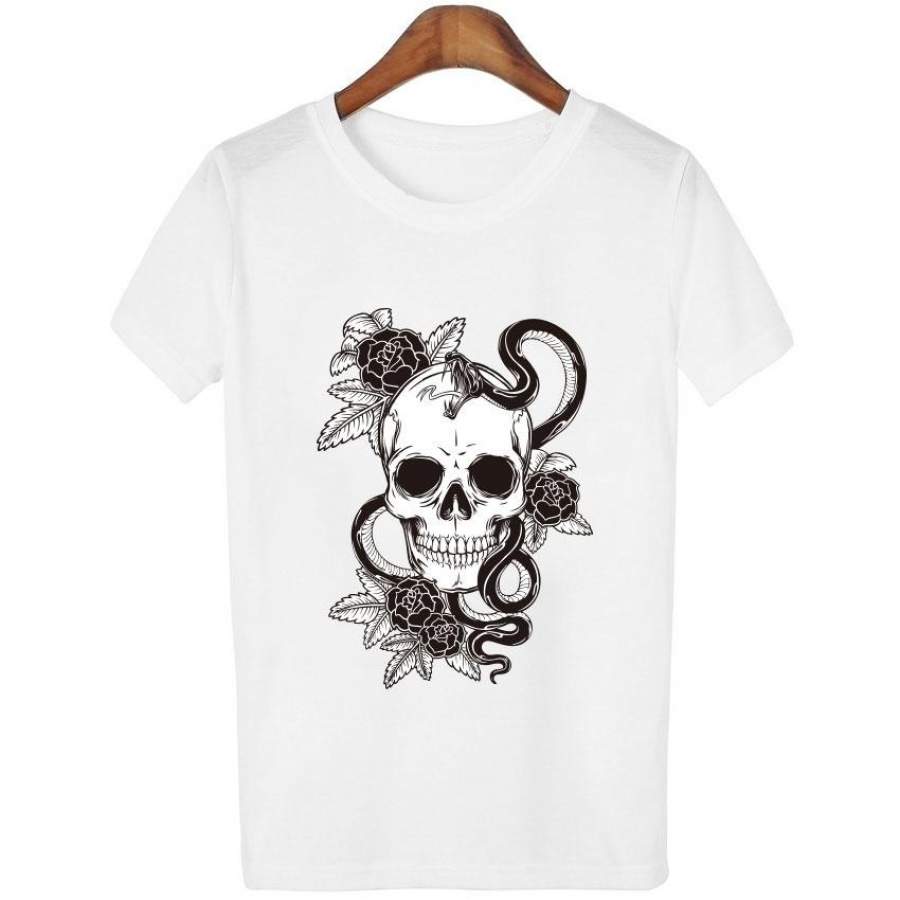 New Fashion Women’S Punk Style Vintage Skull And Snake Printed T-Shirt Hipster Floral Skull Design Tops For Male