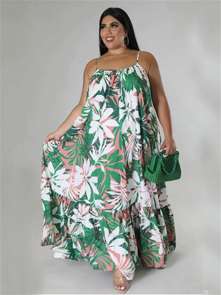 Wmstar Plus Size Dresses for Women Flowers Print Sexy Slip Big Hem Draped Maxi Dress Sweet Style Wholesale Dropshipping Xl- 5xl alx