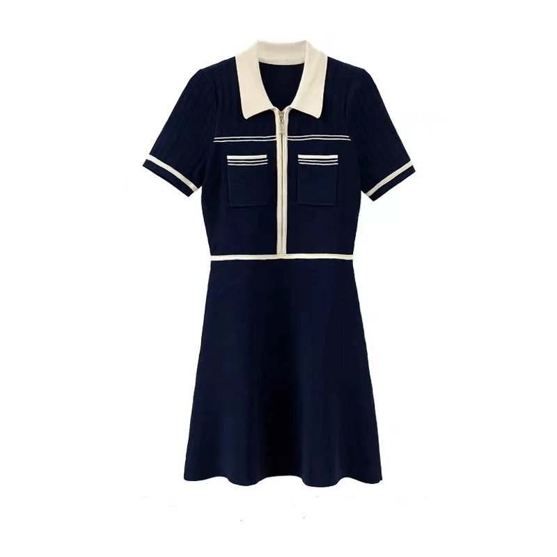 2022 Summer New French Sandro A-line Skirt Women POLO Collar High Waist Thin Stitching Color Short-sleeved Knitted Dress alx