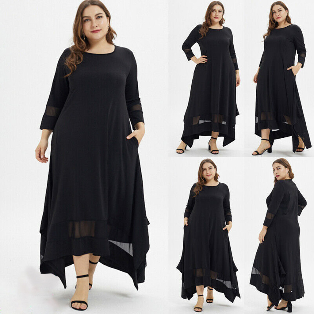 Women Plus Solid Quarter Fashion Dress Size Sleeve Muslim O-Neck Long Three Bridesmaid Lace Dresses Long Dresses Long plus Size alx