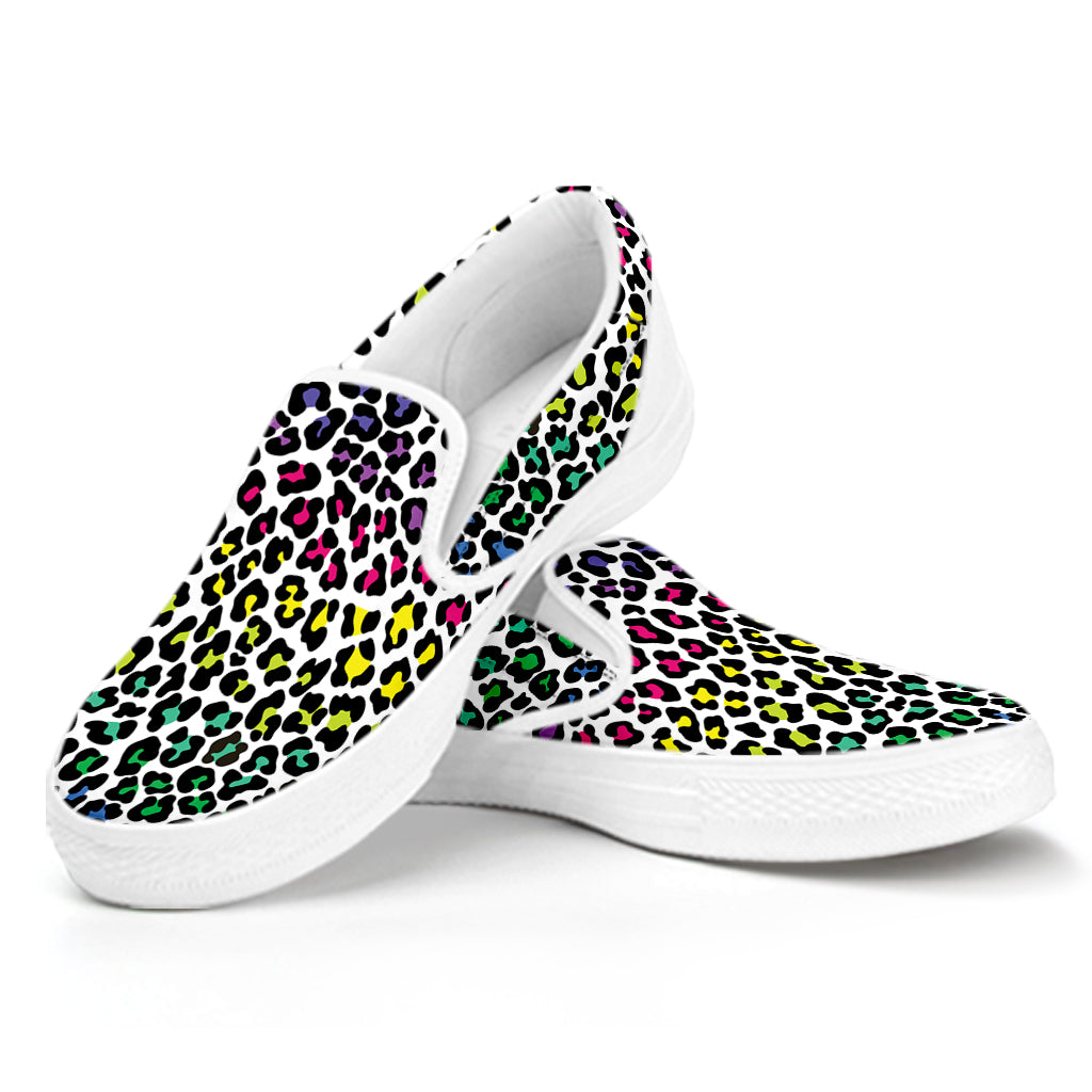 Colorful Leopard Print White Slip On Shoes