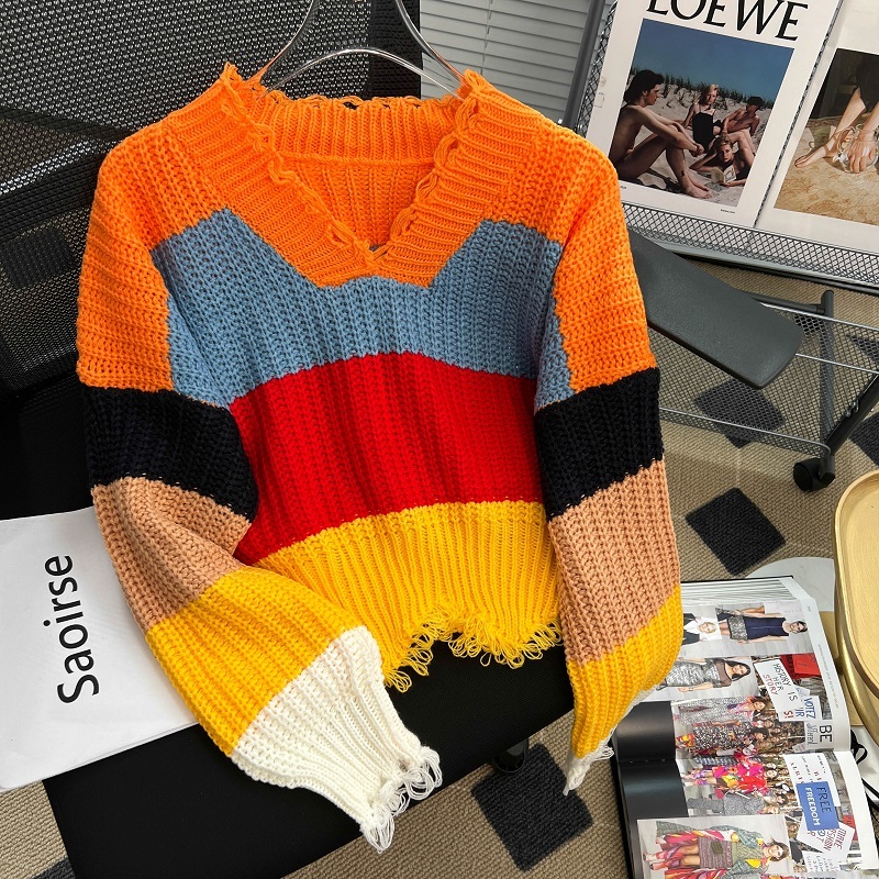 Women Pullovers Rainbow Striped Cropped Tops Spring Autumn V-neck Outwear Tassel Fashion Loose Knitted Sweater Korean Style Chic alx