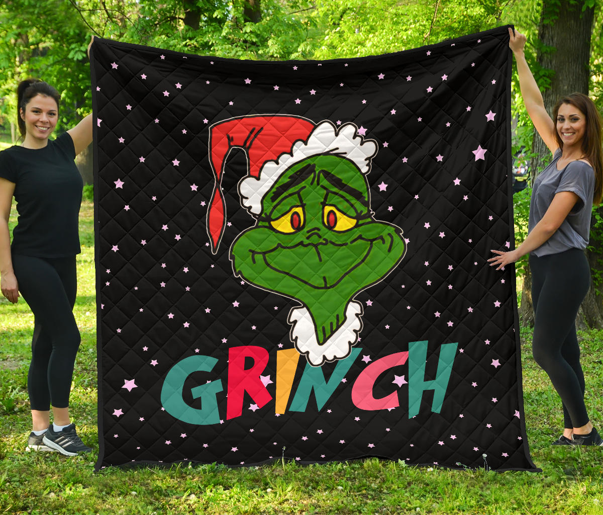 Christmas Premium Quilt | The Grinch Face Wearing Xmas Hat Artwork Quilt Blanket