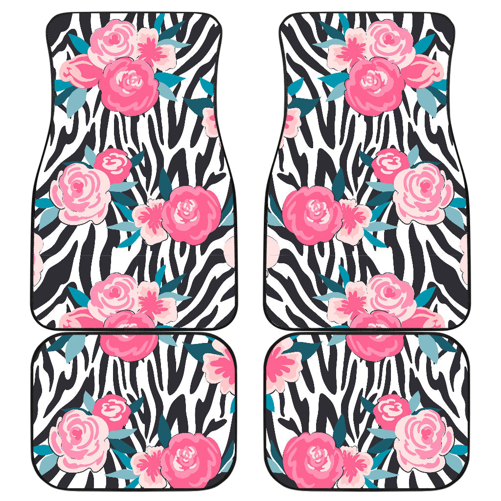 Black White Zebra Floral Pattern Print Front And Back Car Floor Mats, Front Car Mat