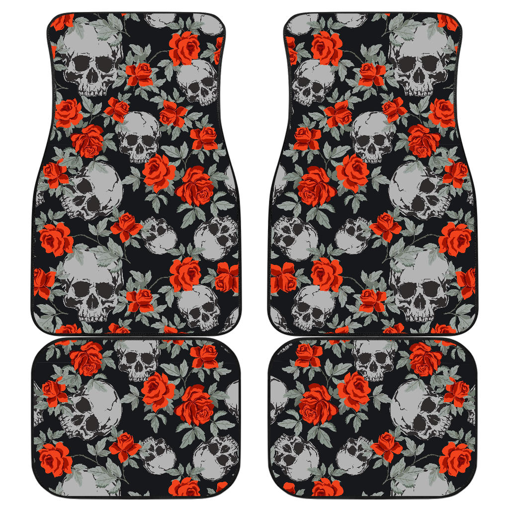 Red Rose Grey Skull Pattern Print Front And Back Car Floor Mats, Front Car Mat