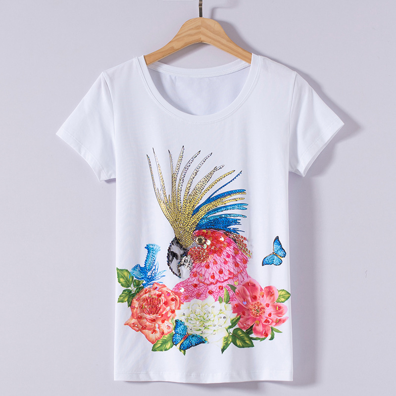 Woman Fashion Hand beading flowers bird Camisetas Mujer 2022 Summer T-shirts Lady T Shirts Printing tops tees clothes for women alx