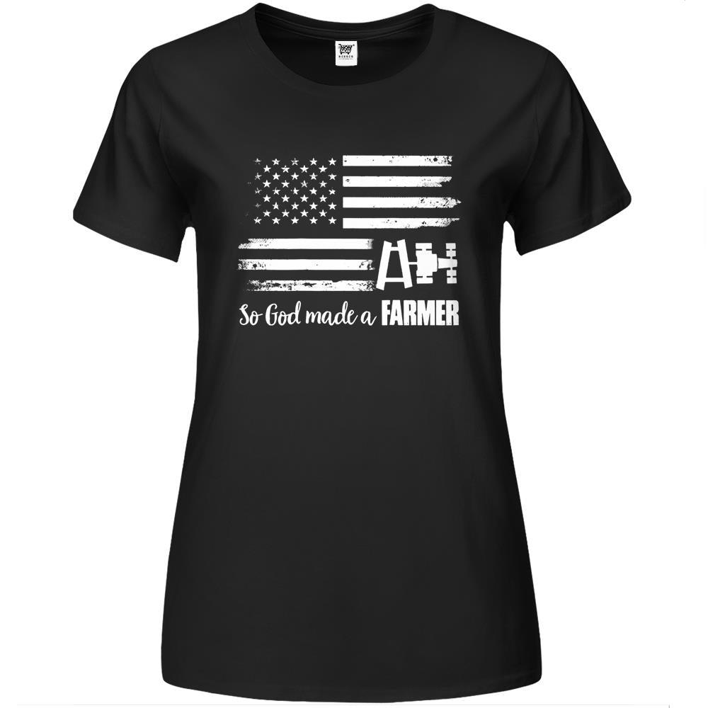 American Flag Tractor So God Made A Farmer Premium Womens T Shirts