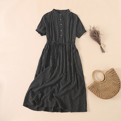 Summer Woman Elegant Midi Dress Vintage Stripe Stand Collar Party Vestidos Cotton Linen Drawstring Shirt Dresses for Women alx