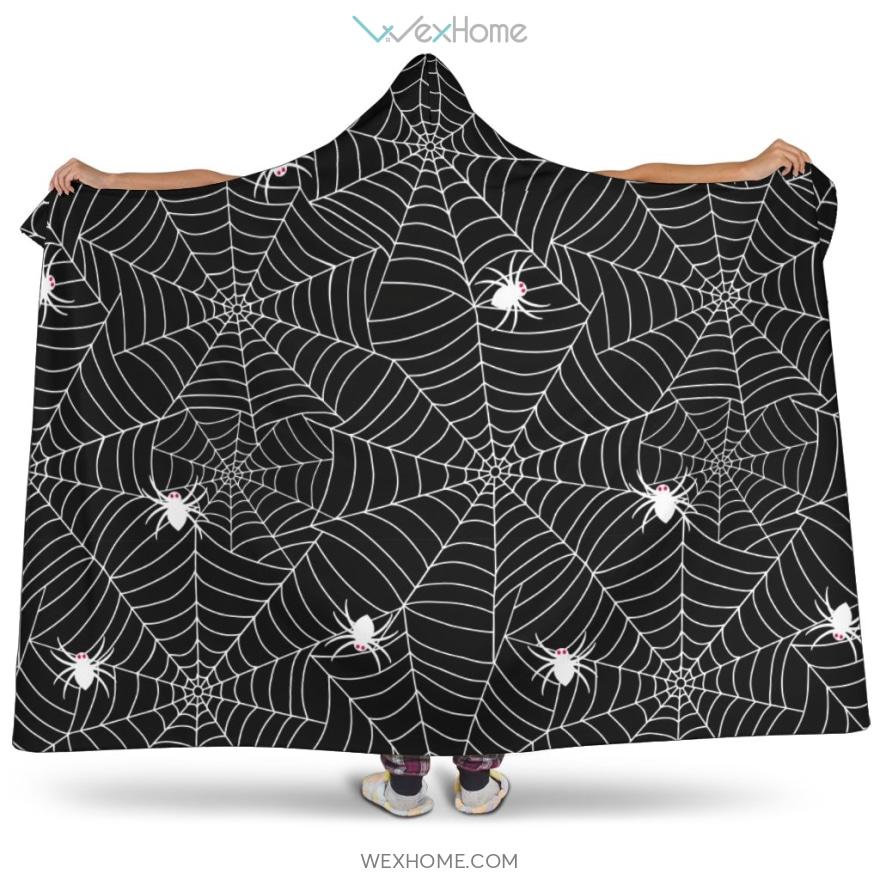 Spider Web Design Pattern Black Background White Cobweb Hooded Blanket