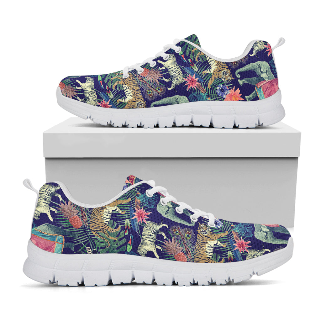 Asian Elephant And Tiger Print White Sneakers