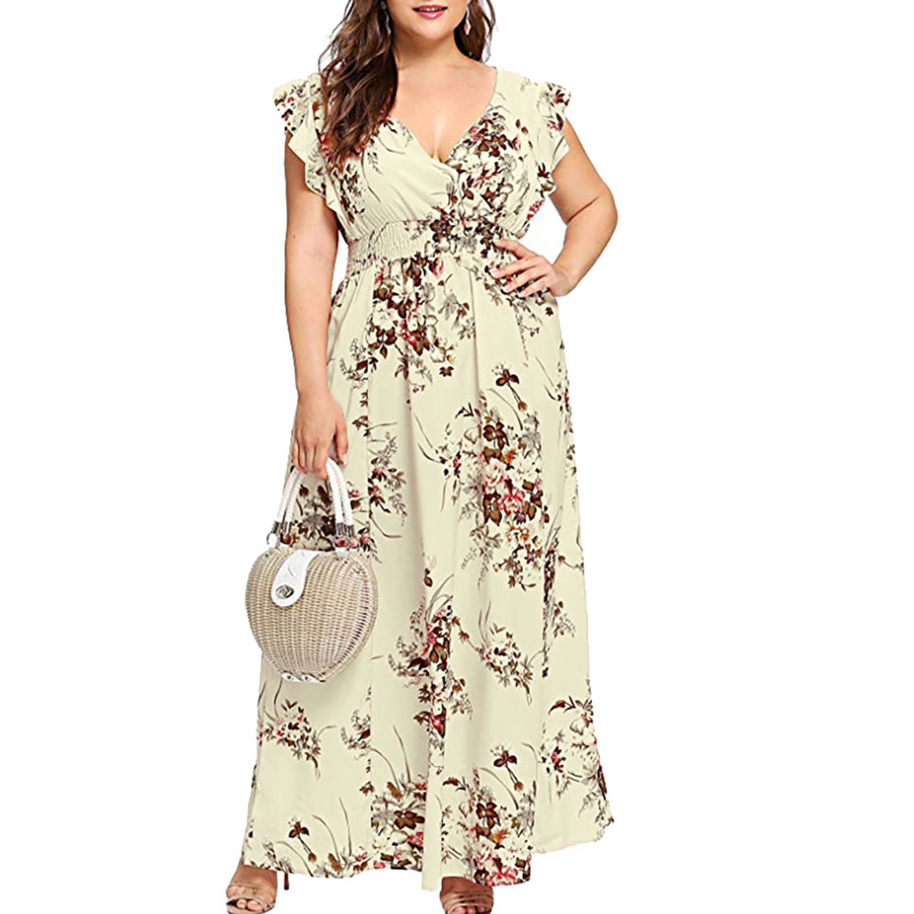 Women Dresses Summer 2021 Plus Size Sexy V Neck Floral Print Boho Beach Long Chiffon Dress Sleeveless Sundress Female Vestidos alx