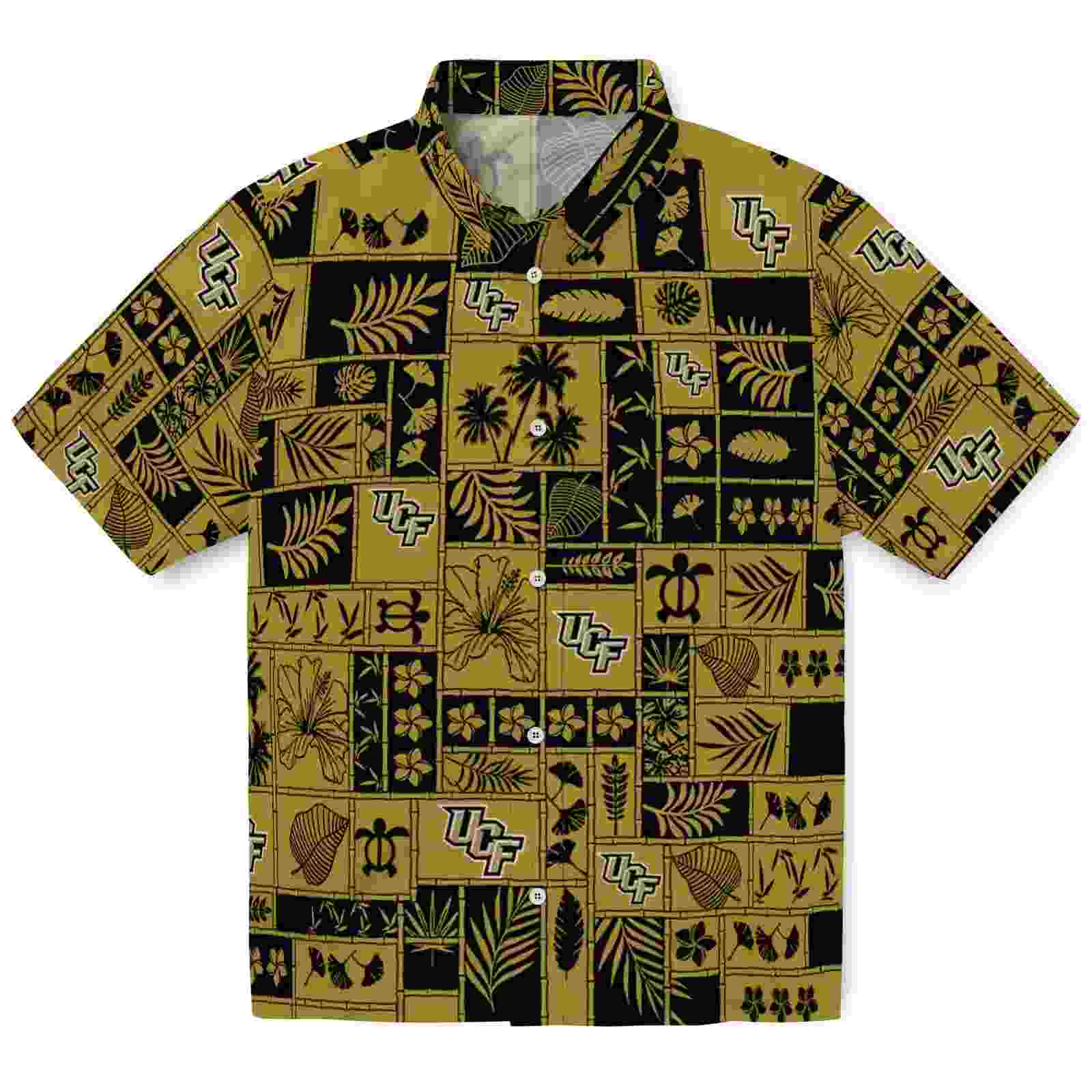 Ucf Knights Tropical Patchwork Gold Black Hawaiian Shirt