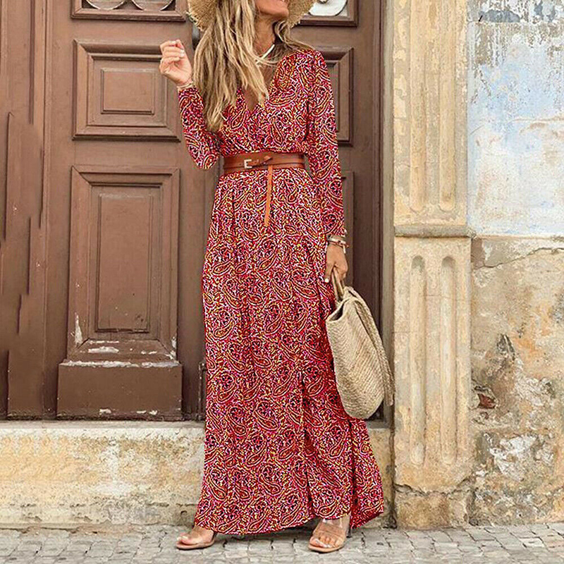 Winter Autumn Fashion Women V Neck Print Long Dress Casual Irregular Long Sleeves Dress Elegant Bohemian Streetwear Party Dress alx