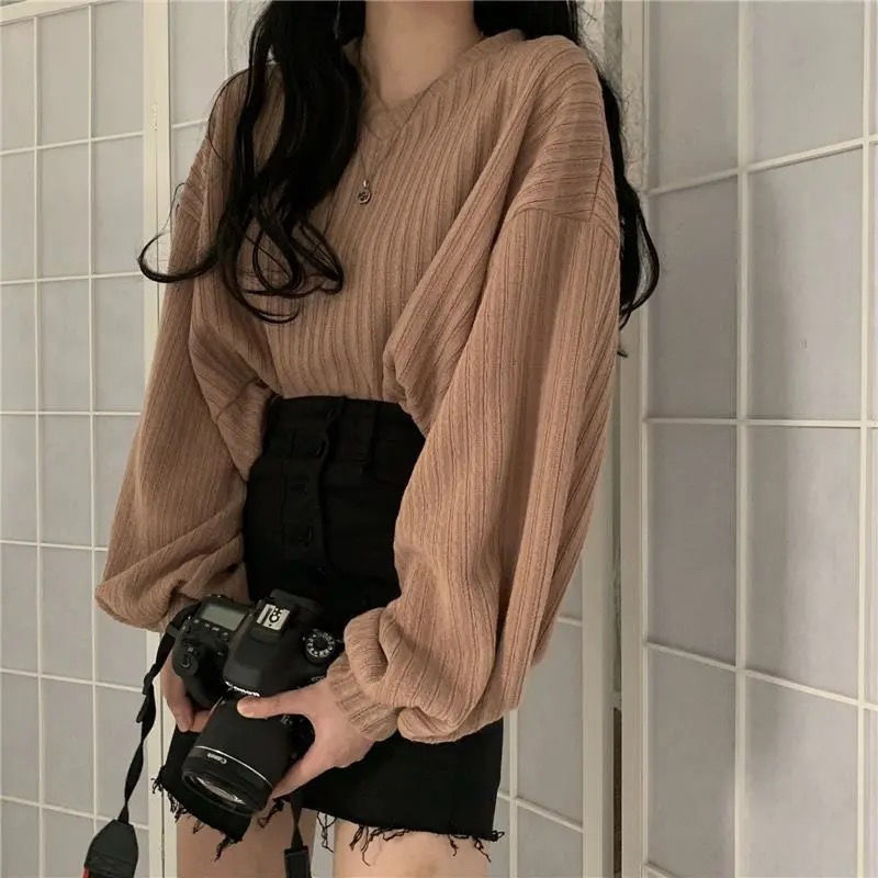 Thin Sun Shirt Wild Lazy Cropped V Long Sleeve Black Knitted Sweater Women 2022 Spring New Loose Knitwear Tshirt alx