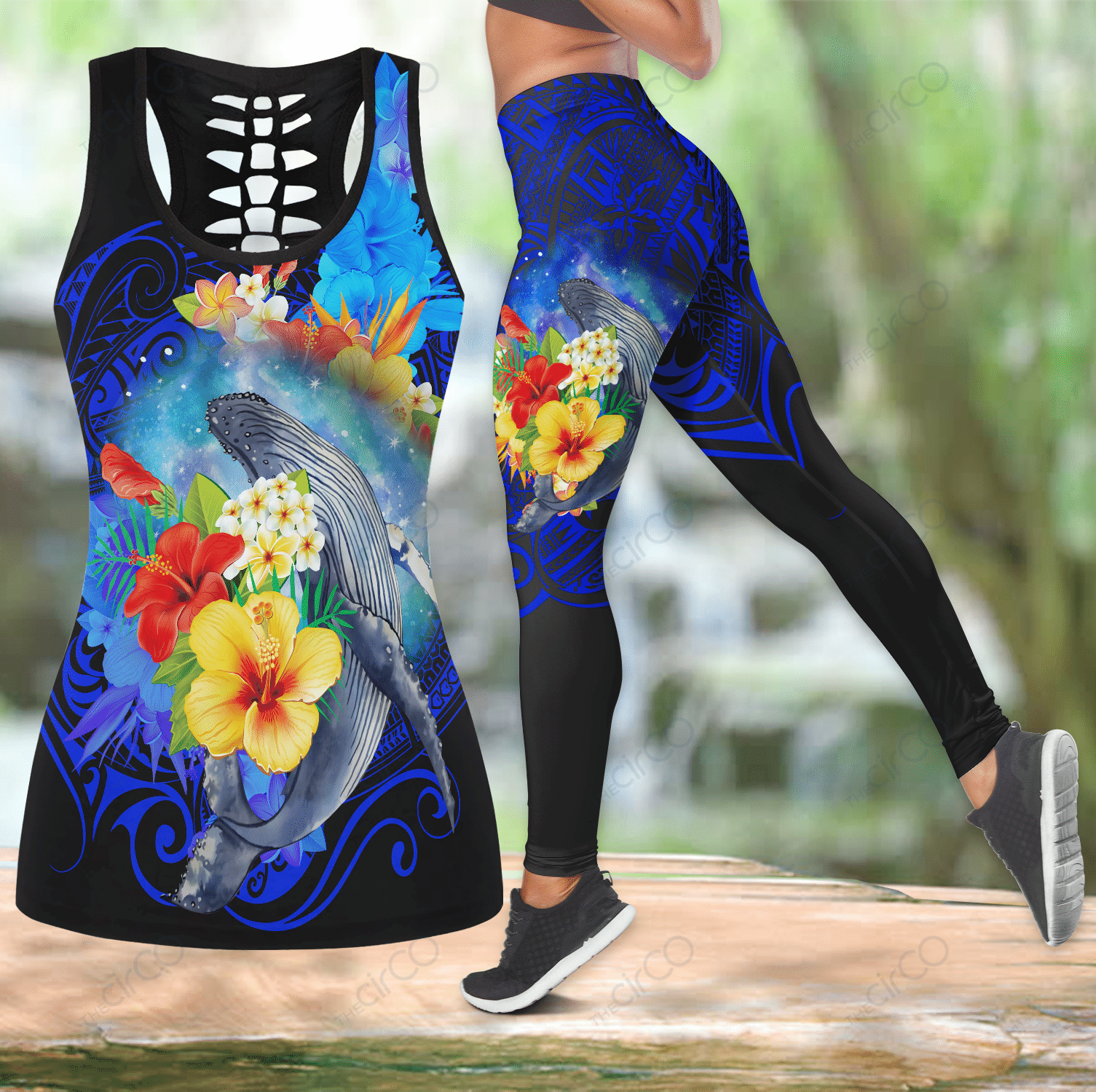 Amazing Kanaka Maoli Humpback Whale with Tropical Flowers Legging _ Tank top All Over Print