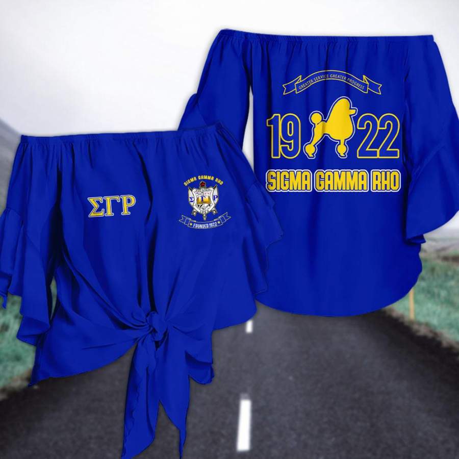 SIGMA GAMMA RHO TIE KNOT OFF SHOULDER SHIRT 3