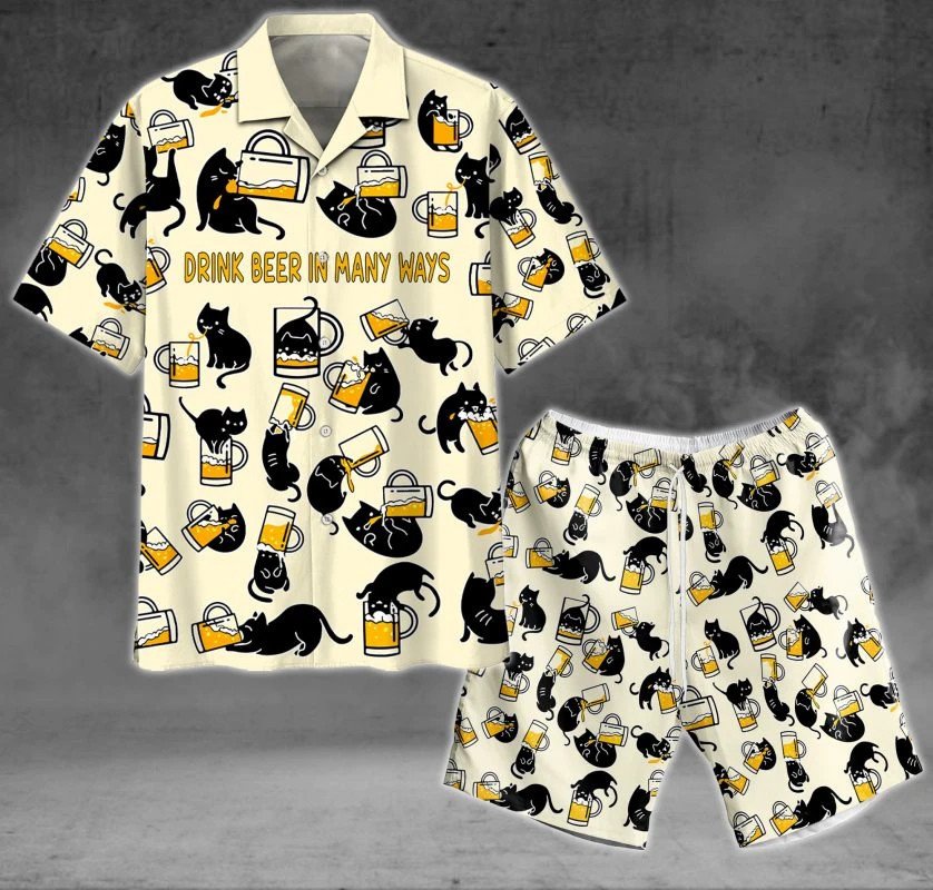 Black Cat Drink Beer In Many Ways Hawaii Shirt Set Unisex Ha81849