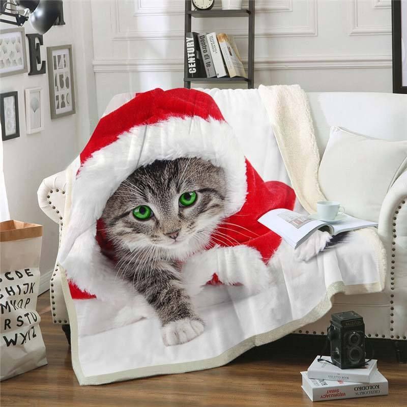 Christmas Cat Kitten In Santa Claus Costume   Fleece Sherpa Blanket