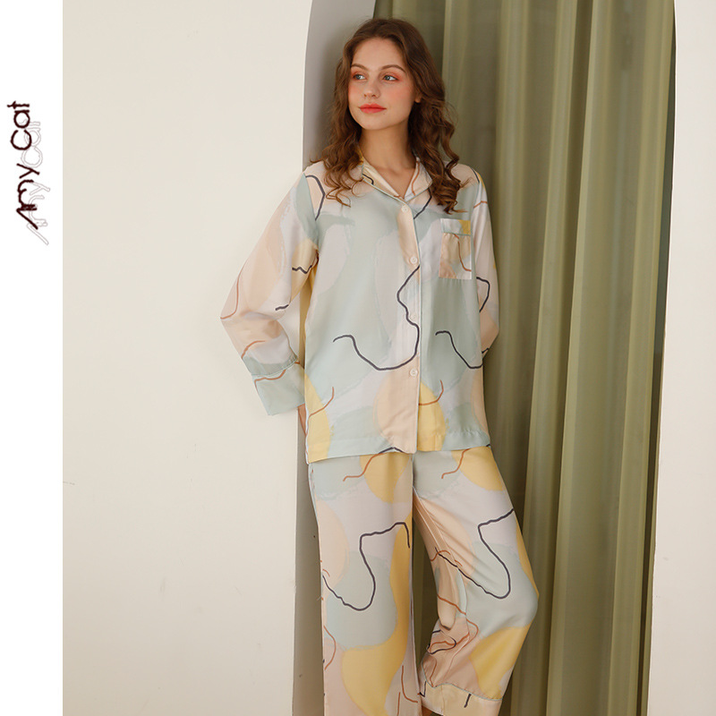 Autumn Ladies Comfortable Pajama Set Geometric Line Printing Home Pajamas for Girls Pantalon Femme Spodnie Damskie Pijamas Women alx