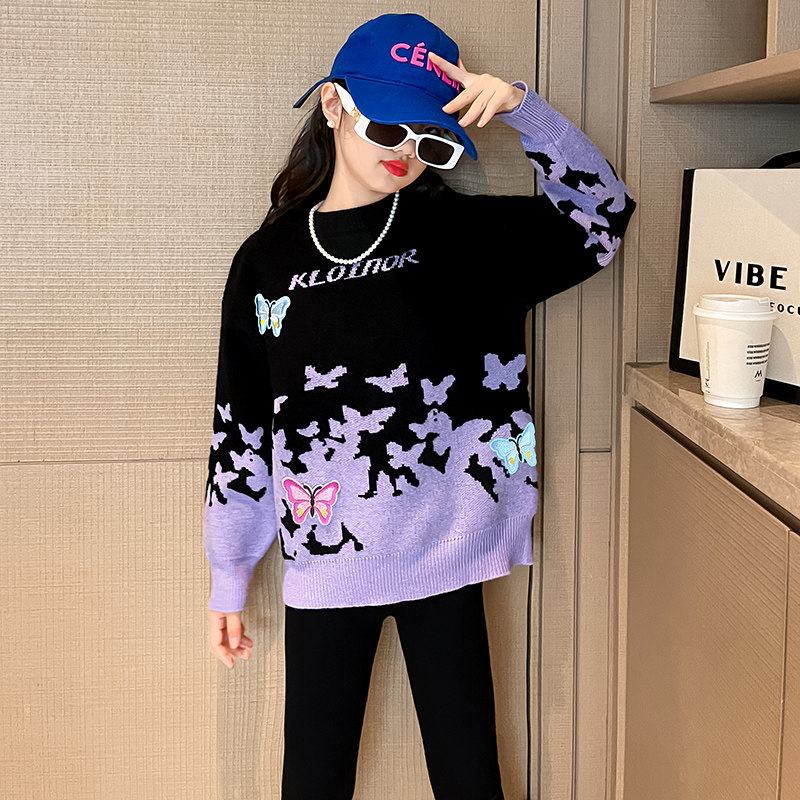 Teen Girls Sweater Spring Autumn Pullover Knitting Tops Kids Casual Butterfly Pattern Baby Children Fashion Soft Clothing 4-13Y alx