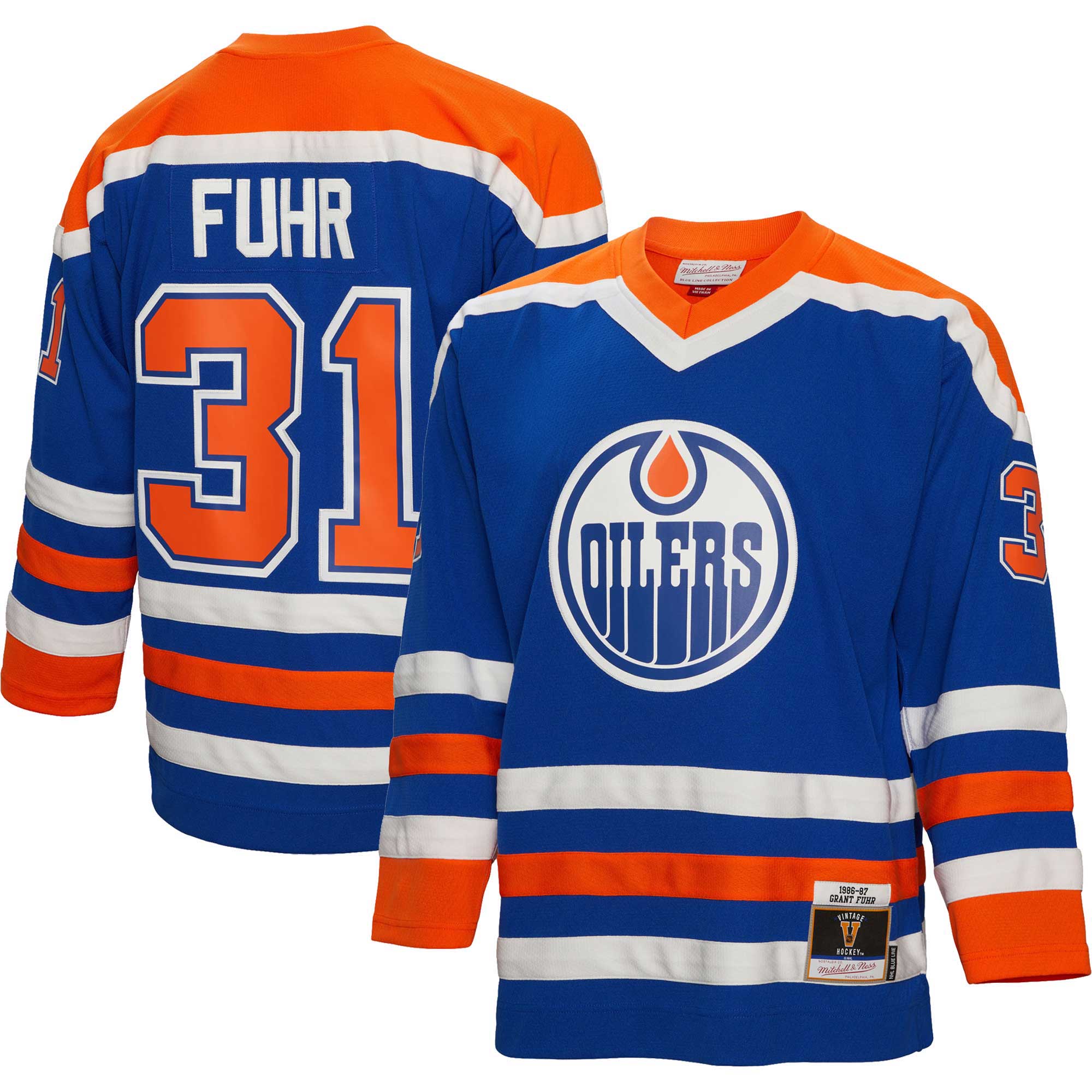 Men's Edmonton Oilers Grant Fuhr Mitchell & Ness Royal 1986/87 Blue Line Player Jersey