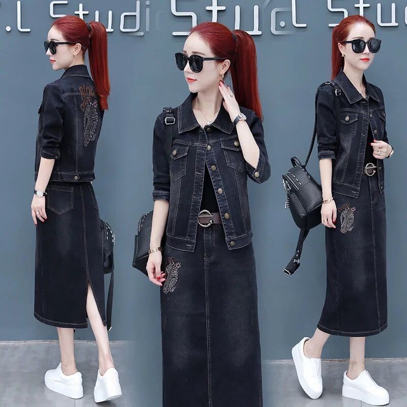 Two Pieces Sets Single-breasted Long Sleeve Turn Down Collar Denim Jacket + High Waist Long Skirt Women Jeans Suits J225 alx