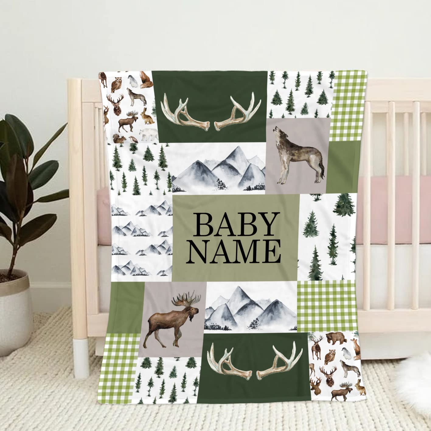 Personalized Woodland Nursery Blanket, Square Woodland Animals Blanket,Baby Boy Woodland Blanket